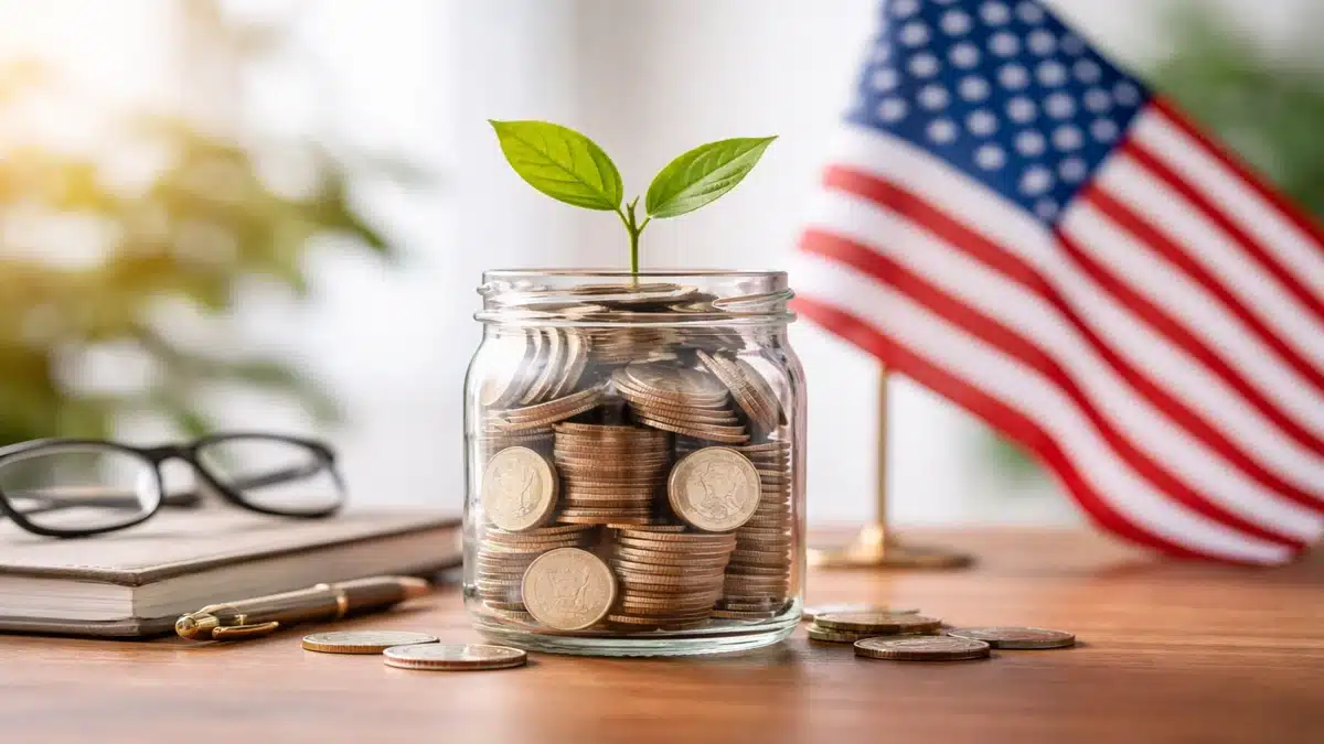 A glass jar filled with stacked coins and a small green plant growing from the top, placed on a wooden desk with scattered coins, a notebook, pen, and eyeglasses, with a blurred American flag in the background, symbolizing long-term investments growth in the US within an increasingly dynamic market environment, highlighting stability, financial planning, and sustainable investments strategies.