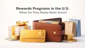 A clean, modern composition showing a brown leather wallet filled with multiple cards, a gold credit card prominently displayed in the foreground, stacks of coins, a gift box with a ribbon, and shopping bags in the background. The scene illustrates consumer spending and rewards programs, with a strong focus on the credit card as a central financial tool.