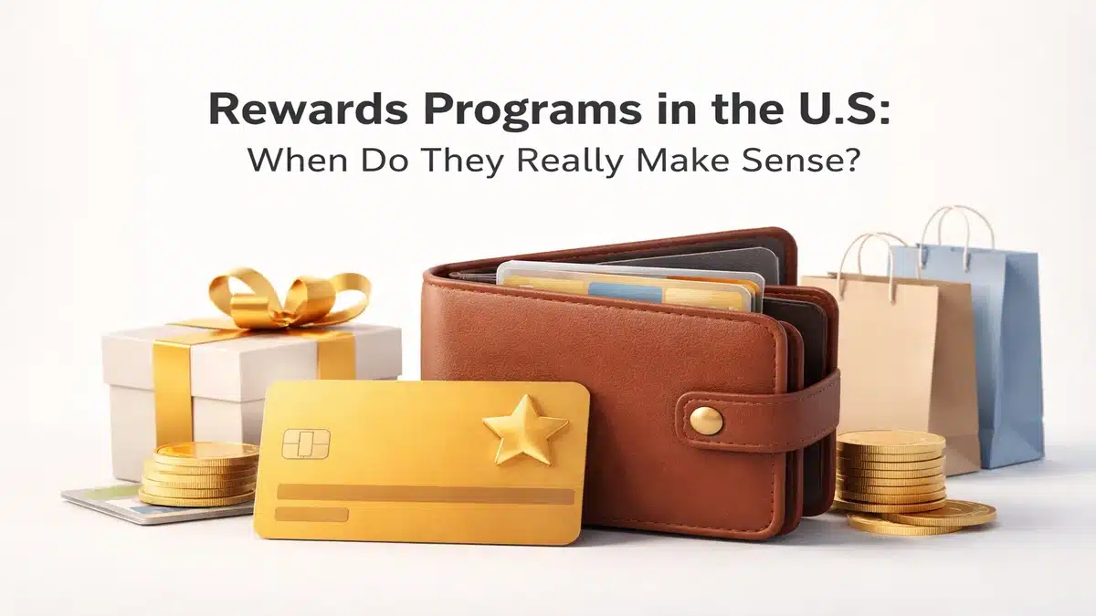 A clean, modern composition showing a brown leather wallet filled with multiple cards, a gold credit card prominently displayed in the foreground, stacks of coins, a gift box with a ribbon, and shopping bags in the background. The scene illustrates consumer spending and rewards programs, with a strong focus on the credit card as a central financial tool.