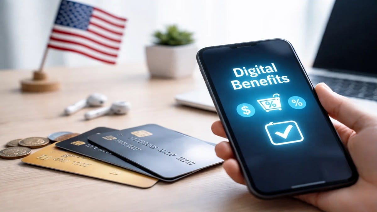 A close-up scene highlighting credit cards and digital benefits: a hand holding a smartphone displaying the words ‘Digital Benefits’ with icons for discounts, cashback, and financial perks on the screen. In the foreground, multiple credit cards are placed on a wooden desk alongside coins. In the background, a blurred U.S. flag, wireless earbuds, and a laptop suggest a modern digital lifestyle, illustrating the evolving role of credit cards in providing digital rewards and financial convenience.