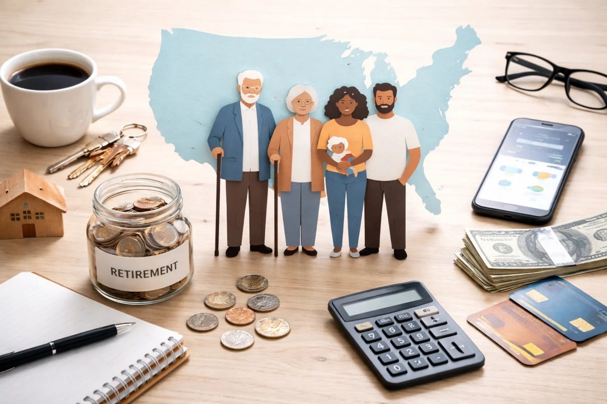 A financial planning scene set on a wooden desk featuring a diverse multi-generational family illustration in front of a map of the United States, symbolizing demographic diversity and population aging. Surrounding elements include a jar labeled “Retirement” filled with coins, scattered change, a calculator, stacked cash, credit cards, a smartphone displaying financial data, a notebook, house model, coffee cup, keys, and eyeglasses. The composition visually represents how demographic changes—such as aging populations and evolving family structures—affect financial behavior and consumption patterns in the U.S. The presence of savings tools and everyday financial objects highlights long-term planning, retirement readiness, and shifting economic priorities across generations. This scene strongly reflects the concept of modern finances and their transformation in response to demographic trends.