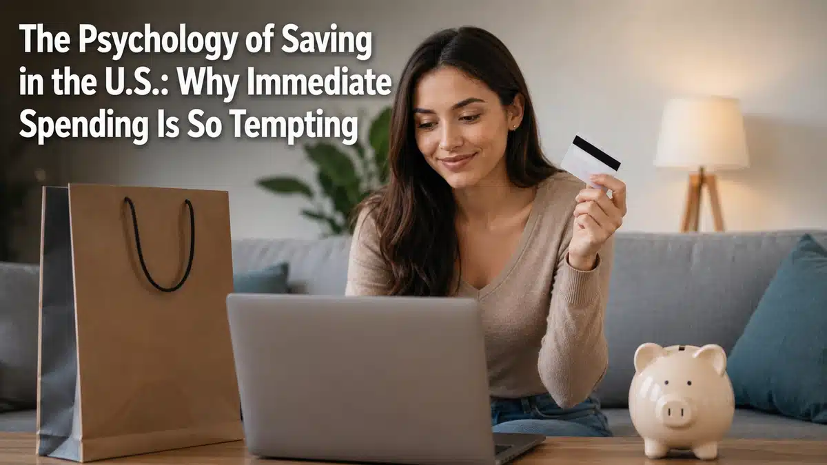 A realistic and minimalist finances-themed scene showing a young woman sitting in a cozy modern living room while shopping online on a laptop. She holds a credit card in one hand and looks thoughtfully at the screen, symbolizing the temptation of immediate spending versus saving money in the U.S. A piggy bank sits on the coffee table beside the laptop, reinforcing the concept of personal finances and saving habits. Soft neutral lighting, clean composition, and balanced contrast create a calm editorial-style atmosphere. Large white headline text in the upper-left corner reads: “The Psychology of Saving in the U.S.: Why Immediate Spending Is So Tempting.”