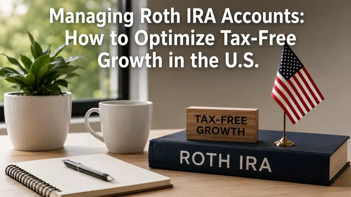 Minimalist and realistic finances-themed workspace featuring a Roth IRA book, a small American flag, notebook, coffee mug, and indoor plant on a clean wooden desk. Large white title text overlays the image reading “Managing Roth IRA Accounts: How to Optimize Tax-Free Growth in the U.S.” in a modern professional style with balanced lighting and soft background blur.