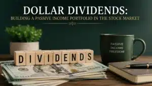 Minimalist and realistic investments-themed image featuring stacks of U.S. dollar bills on a wooden desk, wooden blocks spelling ‘DIVIDENDS’, a dark coffee mug with the words ‘Passive Income Freedom’, and a notebook with pen beside it. The background has a soft dark green gradient with balanced lighting and clean composition. At the top, the title ‘Dollar Dividends: Building a Passive Income Portfolio in the Stock Market’ appears in elegant typography, creating a professional financial editorial style focused on passive income and investments.