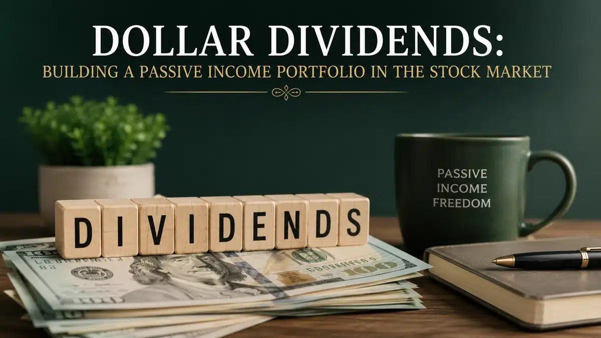 Minimalist and realistic investments-themed image featuring stacks of U.S. dollar bills on a wooden desk, wooden blocks spelling ‘DIVIDENDS’, a dark coffee mug with the words ‘Passive Income Freedom’, and a notebook with pen beside it. The background has a soft dark green gradient with balanced lighting and clean composition. At the top, the title ‘Dollar Dividends: Building a Passive Income Portfolio in the Stock Market’ appears in elegant typography, creating a professional financial editorial style focused on passive income and investments.