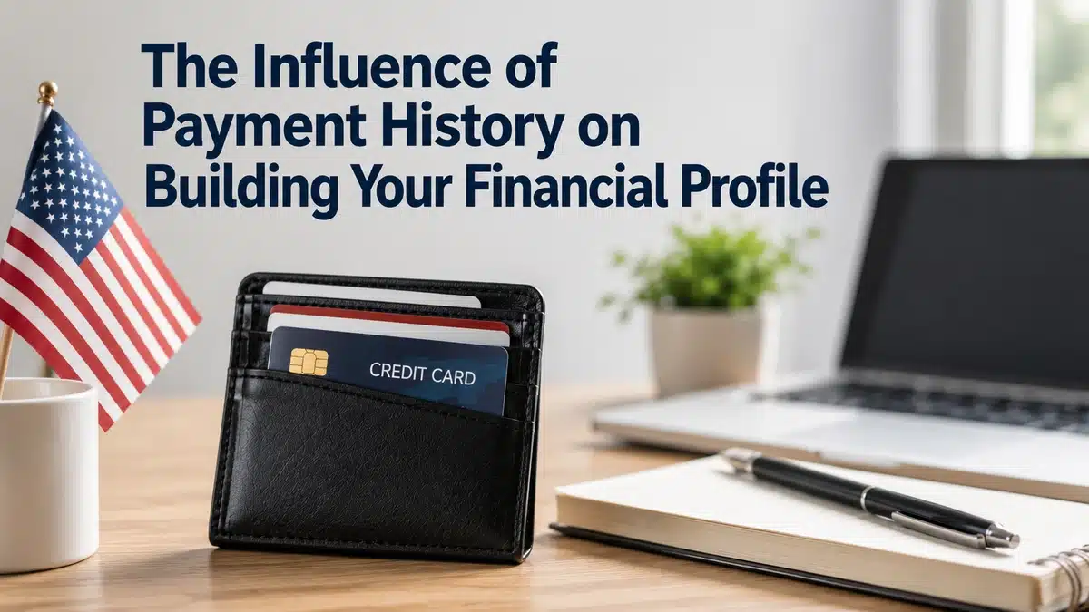Minimalist and realistic financial workspace scene featuring a black leather wallet holding a visible credit card on a wooden desk beside a notebook, pen, laptop, and small American flag. Soft natural lighting and shallow depth of field create a clean professional atmosphere. Large dark-blue headline text reads “The Influence of Payment History on Building Your Financial Profile” directly on the image background, with balanced contrast and sharp details.